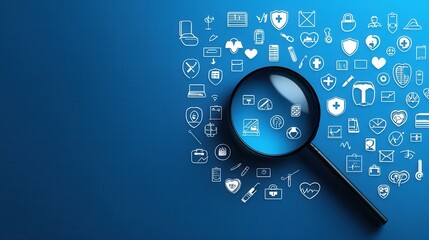 Fototapeta premium A magnifying glass on a blue background, highlighting health and technology icons. The image conveys research and exploration in healthcare innovation.