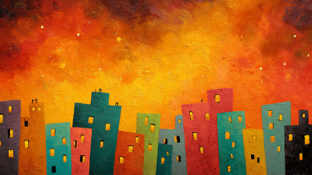 Colorful abstract city skyline painting with glowing orange sky, naive urban illustration