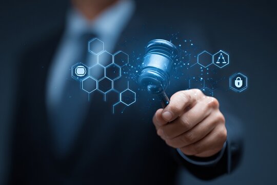 Judge's gavel with digital network overlay. Businessperson holds it
