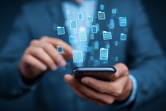 Businessman interacts with a smartphone displaying floating file icons