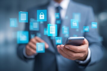 Businessman interacts with digital files on a phone, security icons hover
