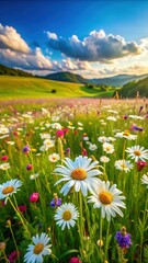 Obraz premium Beautiful chamomile flowers in a spring meadow surrounded by lush green grass and colorful wildflowers