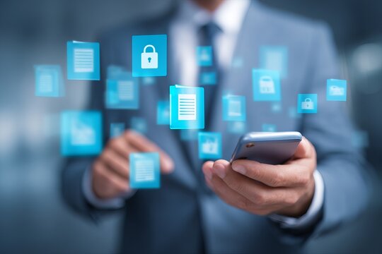 Businessman interacts with digital files on a phone, security icons hover