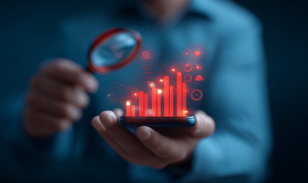 Person examines glowing data graphs on a smartphone