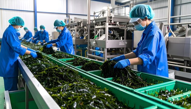 Wearing full protective gear, a worker handles a batch of wet green seaweed, demonstrating the importance of hygiene and safety standards in modern food processing