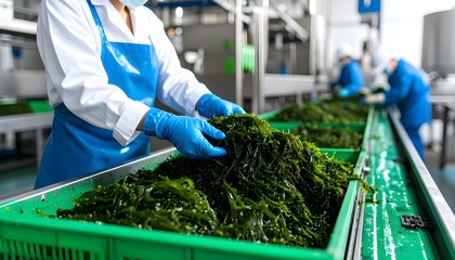 On a conveyor belt, workers in blue gloves and uniforms carefully process large quantities of freshly harvested green seaweed for the food or biofuel industry