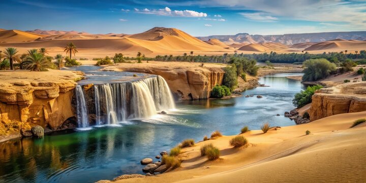 Ancient Egyptian desert landscape with a serene Wadi El Rayan waterfall in the background