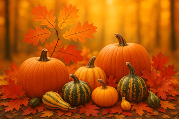 Diverse pumpkins amongst brilliant foliage vividly autumns rich abundance and colorful seasonal essence