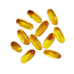 A scattering of translucent, golden-yellow oval capsules against a black background.  The capsules appear oily or filled with a viscous liquid