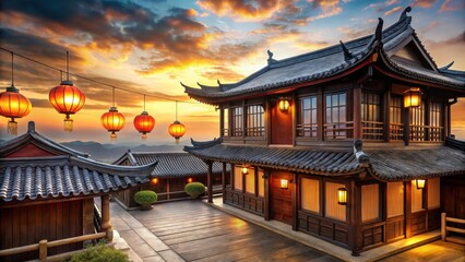 Traditional Chinese wooden house with lanterns hanging on a square rooftop at sunset