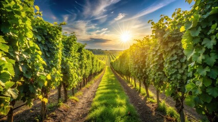 Naklejka premium Dense rows of green vines and grapevines in a vineyard landscape with sunlight filtering through leaves
