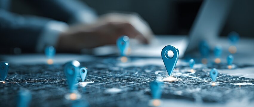 Blue location markers on a complex network
