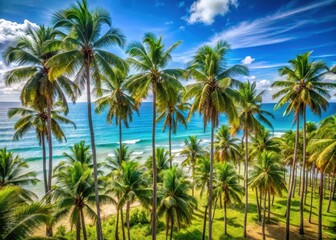 Obraz premium Dense jungle of tall palm trees with a serene blue ocean and white sandy beach in the background