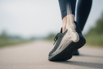 Running Shoe and Skeletal Anatomy: This image offers a detailed perspective of a person's running shoes, with a translucent skeletal overlay, highlighting the foot's intricate bone structure.