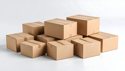 Cardboard boxes pile on white background.