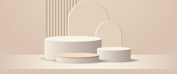 Minimalist 3D mockup pedestal, Abstract product display presentation, Stage showcase. Realistic 3D beige cylindrical podium background with ball, Arch backdrop scene. Platforms vector geometric design