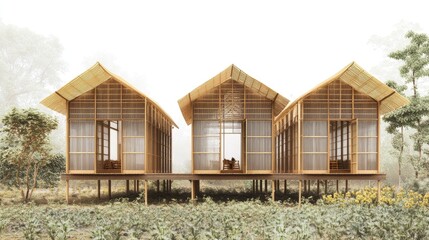 Tranquil Bamboo Houses: Eco-Friendly Architecture in a Misty Forest