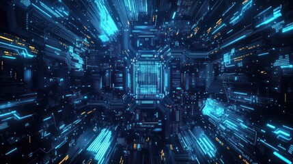 An immersive journey through a futuristic digital server, showcasing a complex network of glowing blue technological pathways and data streams.