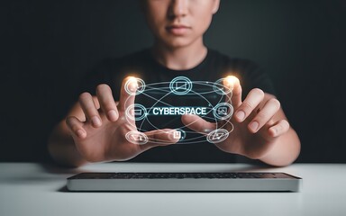 Naklejka premium A man holding a glowing holographic interface with the word cyberspace, showing a digital network technology for future virtual communication.