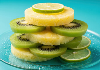 Colorful arrangement of fresh pineapple and kiwi slices stacked on glass plate with lime, vibrant tropical fruit composition for healthy eating and summer concepts
