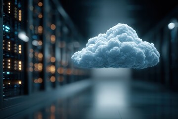 Fluffy cloud hovers in a dark server room filled with digital network racks. Use for representing cloud computing, data storage, and tech innovation.