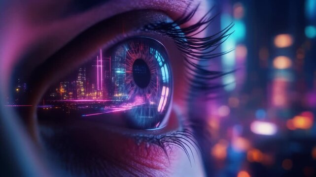 Close-up of a futuristic eye reflecting a vibrant, neon-lit cyberpunk city, symbolizing advanced technology, artificial intelligence, and a digital future. seamless loop video.