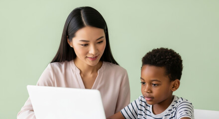 Obraz premium Smiling asian woman helps focused young boy with computer learning at desk, supporting child's education and development in modern classroom environment