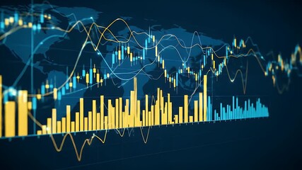 Dynamic Financial Data Visualization with Animated Stock Market Charts on a Global World Map Background. - Powered by Adobe