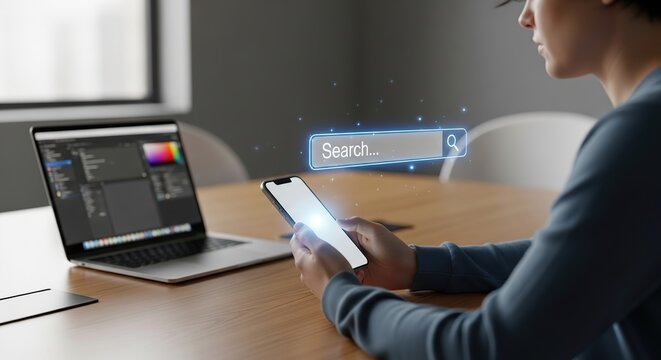 Person using smartphone with holographic interface near laptop computer