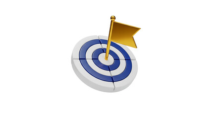3d illustration of 3d target with blue rings and a golden flag isolated on transparent background