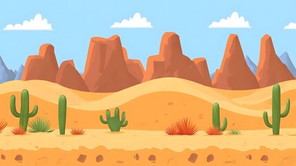 Desert landscape with mountains and cacti.