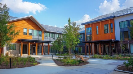 Obraz premium Modern Senior Living Complex: Tranquil Courtyard and Luxurious Residences