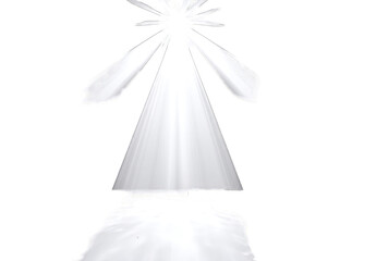 A stylized white, cone-shaped figure radiates light, resembling a celestial being or abstract art.  Its base is slightly irregular, adding to its ethereal quality