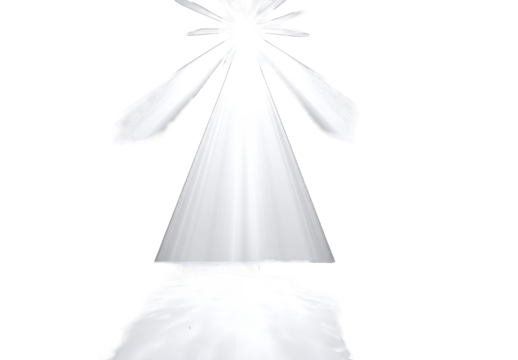A stylized white, cone-shaped figure radiates light, resembling a celestial being or abstract art.  Its base is slightly irregular, adding to its ethereal quality