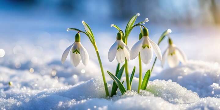 Delicate Snowdrop blooms push through thick layer of fresh snow