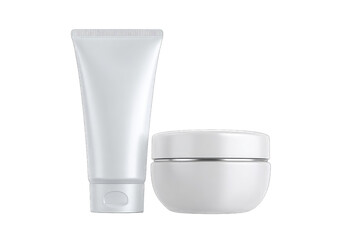 A tall, slender tube and a shorter, wider jar, both white and seemingly made of plastic or similar material, sit side-by-side against a black background.  They appear to be cosmetic containers