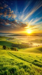 Obraz premium Golden sunrise over vast green grassland at dawn with soft gentle light spreading across the rolling hills and valleys