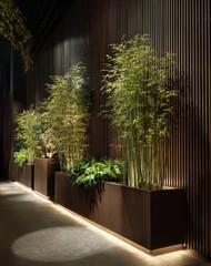 Dark modern planters with bamboo, lit pathway