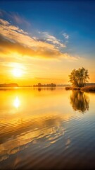 Obraz premium Soft golden light spreads across a peaceful lake at sunrise