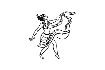 Elegant greek goddess dancing gracefully with flowing drapery depicted in a classic black and white line art silhouette style evoking ancient mythology and artistic expression silhouette
