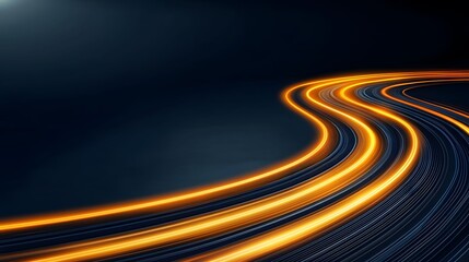 The image displays dynamic light trails, glowing golden against a dark blue backdrop, evocative of speed and abstract digital art, creating a modern futuristic effect.