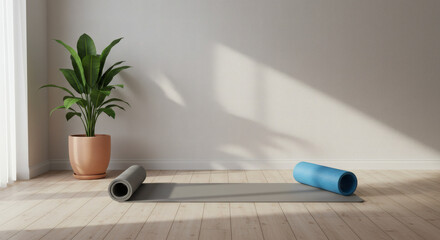 Tranquil Interior with Yoga Mat and Potted Plant for Wellness and Relaxation