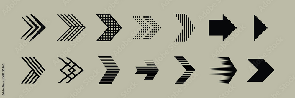 Wall mural collection of black arrow icons in various styles and directions for design projects needing directi
