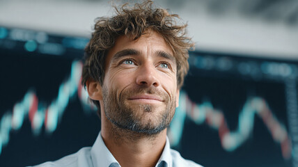 A man in a business suit against the background of graphs. The concept of training, advising on financial transactions with currency and cryptocurrency, the growth and fall of rates and quotations.