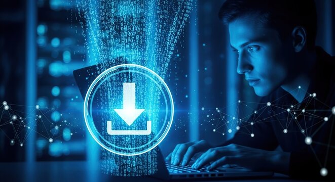 Woman using computer with glowing download icon and digital data stream