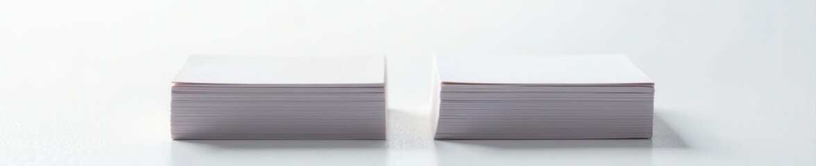 Angled view of two horizontal business card stacks on white textured surface, white, stack, studio shot