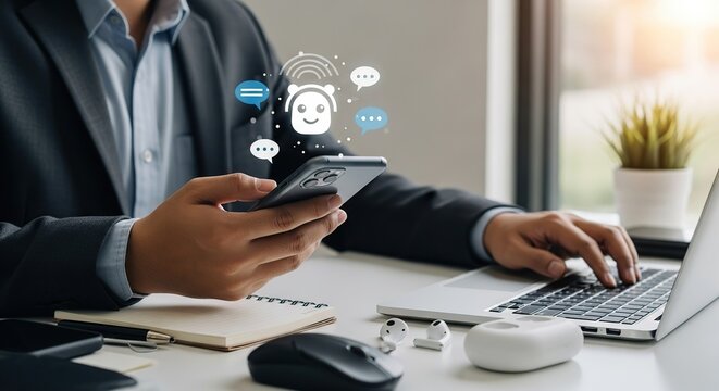Businessman using smartphone and laptop with digital interface and icons