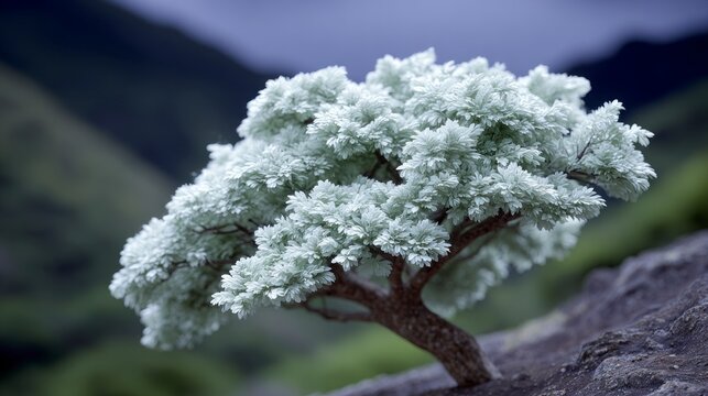 A lone tree with pale green foliage stands on a rocky outcrop under a dusky sky