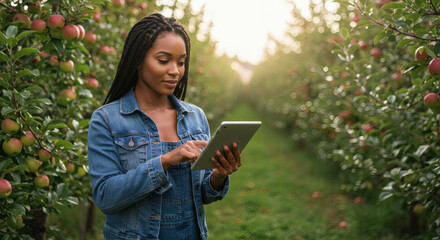 A modern female farmer using a digital tablet for data collection in a sunlit apple orchard. Agritech concept.