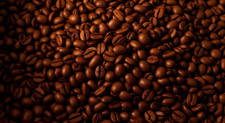 Fototapeta premium A dense pile of roasted coffee beans filling the frame with a warm brown color and rich texture details